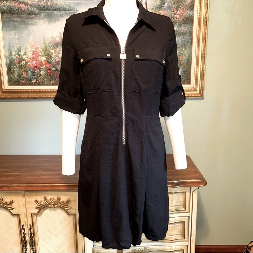 Michael Kors Black w/ Silver Zip Front Tab Sleeve Pleated Dress Medium